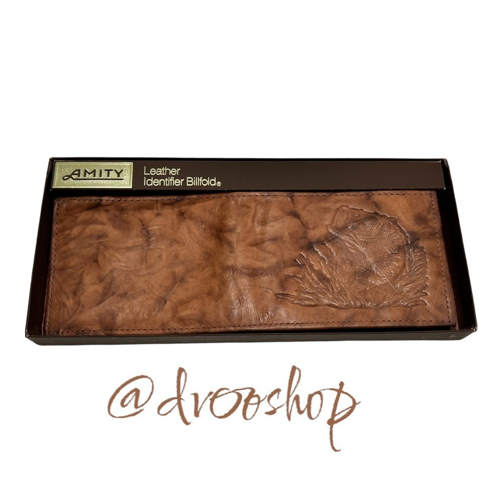 Vintage Amity ID Leather Bass Fish Mens Billfold Wallet - New Old Stock